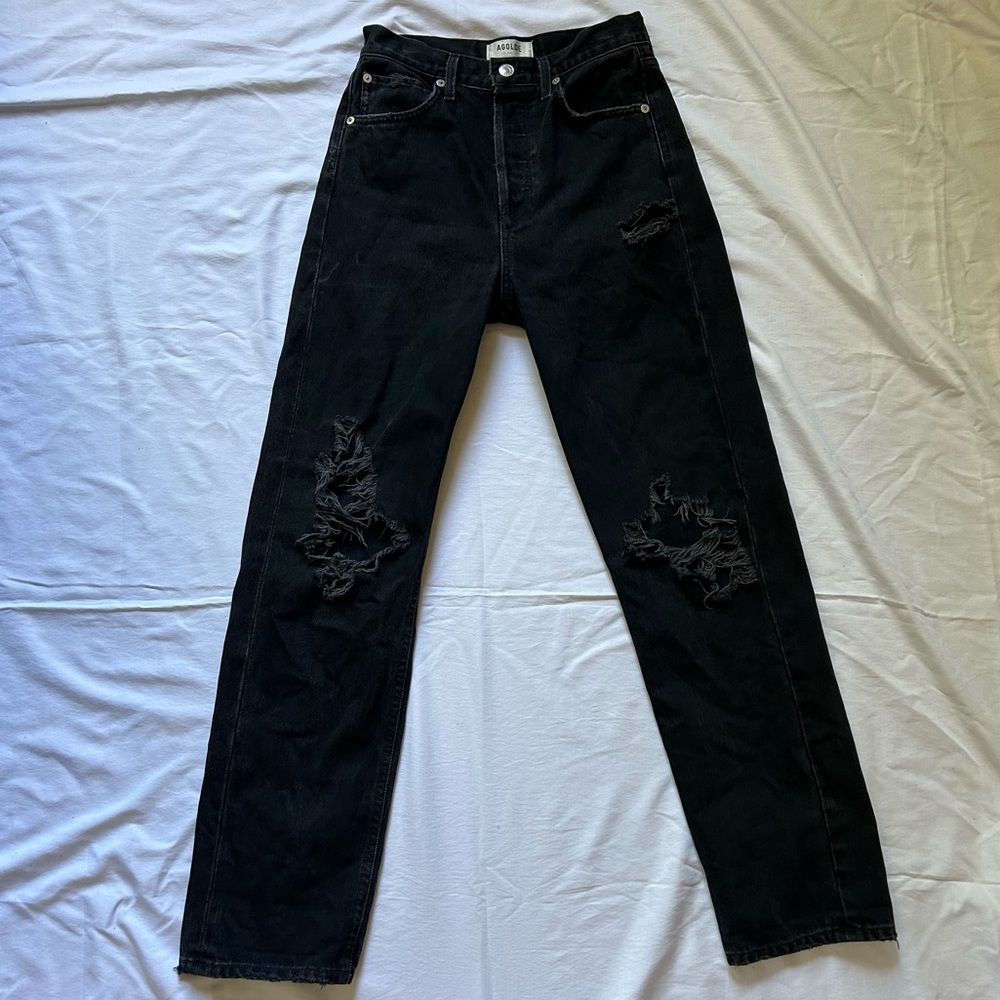 AGOLDE 90’s Mid Rise Straight Leg Distressed Black Jeans, Size 23